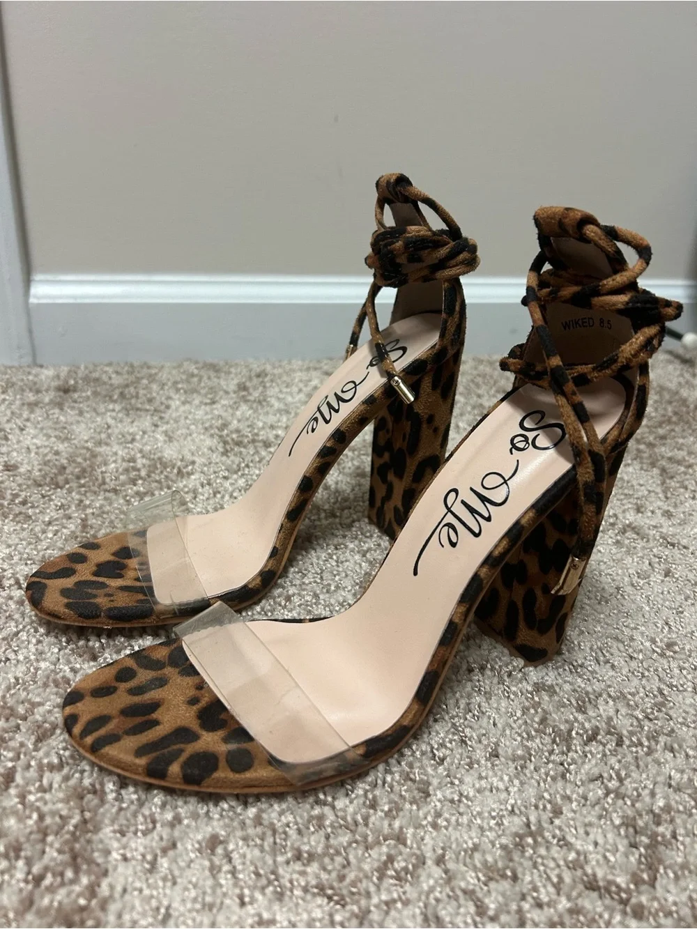 So Me Leopard Print Ankle-Tie Block Heels - Brown